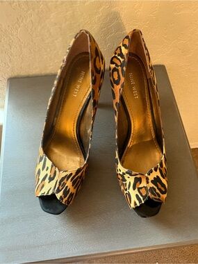 Nine West Leopard Print Peep-Toe Heels - Brown/Black